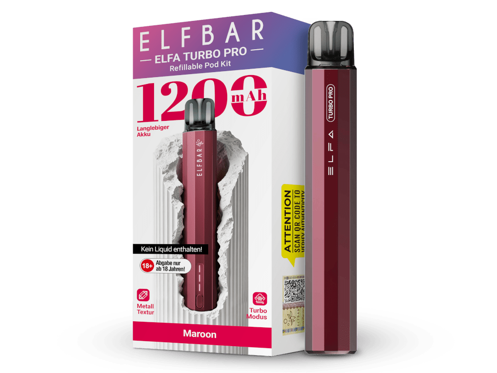 Elfbar Elfa Turbo Pro in maroon — 1.200 mAh Akku, 2 ml Pod-Tank, USB-C Ladung