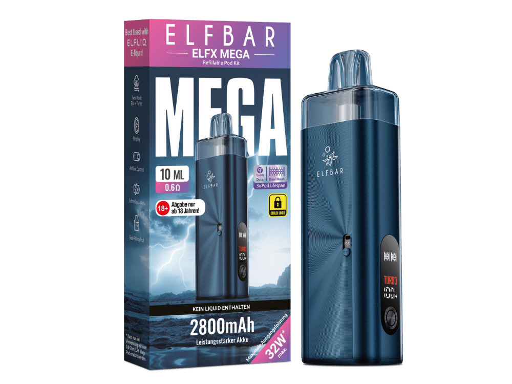 Elfbar Elfx Mega in dunkelblau — 2.800 mAh Akku, 10 ml Pod max., 32 W Leistung