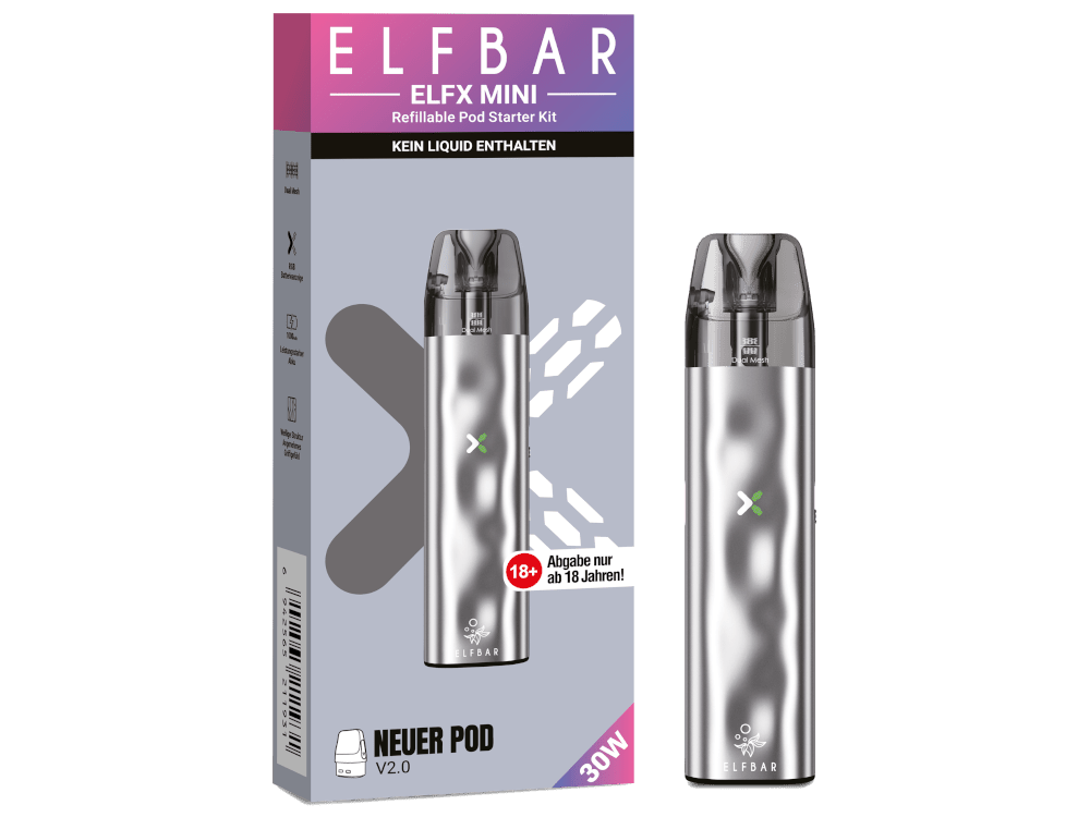 Elfbar Elfx Mini in Silver — 1.000 mAh Akku, 10–30 W Leistung, 2 ml Pod-Tank